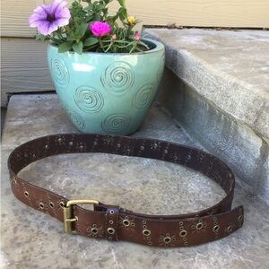 Genuine leather brown 43” brass buckle belt with grommet detailing